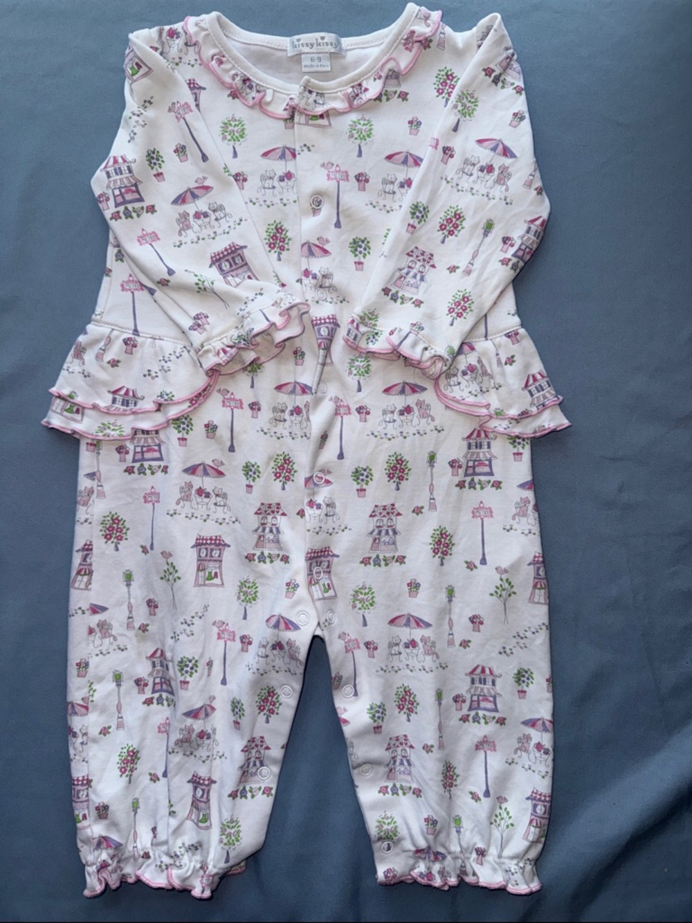 Kissy Kissy Pink & white Market Print Ruffle Footless Romper